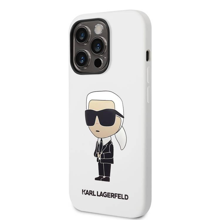 جراب Karl Lagerfeld Magsafe من السيليكون السائل مع شعار Ikonik NFT لهاتف iPhone 14 Pro Max - أبيض