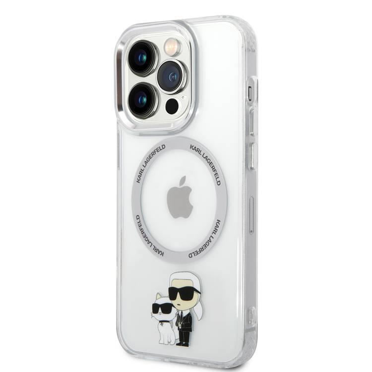 Karl Lagerfeld Magsafe IML Metal Outline NFT Karl &amp; Choupette Translucent Logo iPhone 14 Pro Max - أبيض