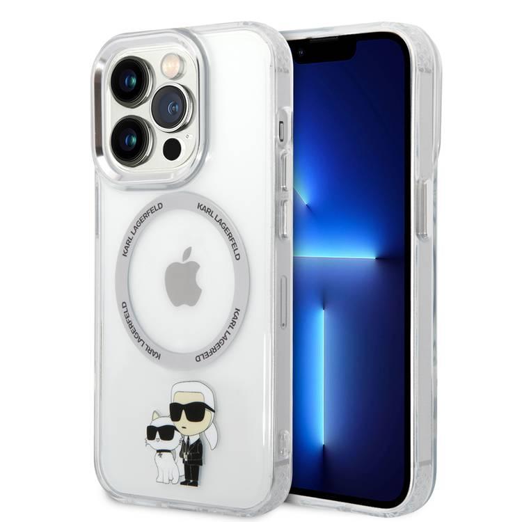 Karl Lagerfeld Magsafe IML Metal Outline NFT Karl &amp; Choupette Translucent Logo iPhone 14 Pro Max - أبيض