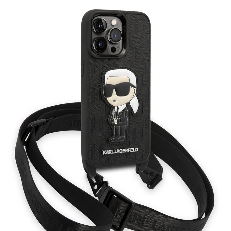 Karl Lagerfeld Crossbody Strap Case Monogram With NFT Ikonik Patch iPhone 14 Pro Max - Black