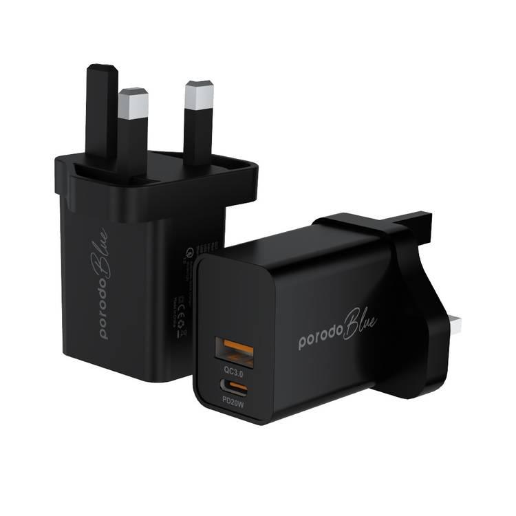 Porodo Blue Dual Port Wall Charger PD/QC  - Black