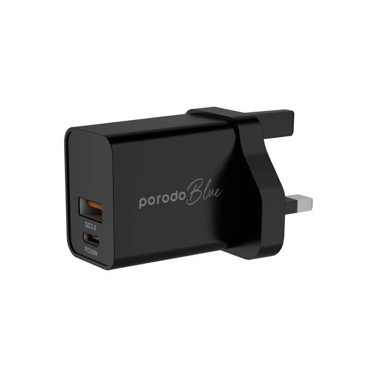 Porodo Blue Dual Port Wall Charger PD/QC  - Black