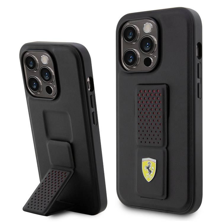 جراب Ferrari HC Grip مزود بشعار معدني ومخرم - iPhone 14 Pro - أسود