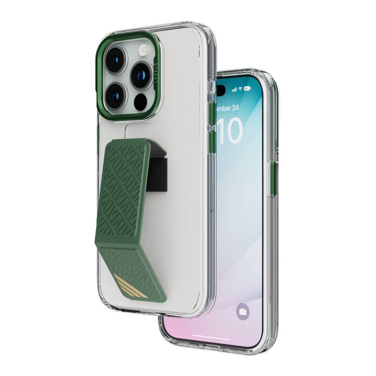 Levelo Morphix Clara Grip Case for iPhone 15 Pro Max, Premium Leather Kickstand Grip, Shock-Proof Edges, 3H Anti-Scratch, Reinforced Corners with Airguard, Multi Positioning Modes for Ultimate Protection and Convenience - Green