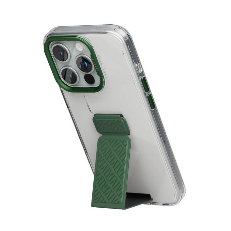 Levelo Morphix Clara Grip Case for iPhone 15 Pro Max, Premium Leather Kickstand Grip, Shock-Proof Edges, 3H Anti-Scratch, Reinforced Corners with Airguard, Multi Positioning Modes for Ultimate Protection and Convenience - Green