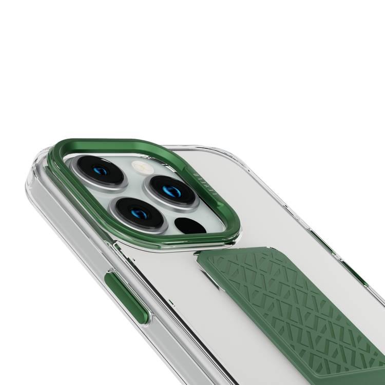 Levelo Morphix Clara Grip Case for iPhone 15 Pro Max, Premium Leather Kickstand Grip, Shock-Proof Edges, 3H Anti-Scratch, Reinforced Corners with Airguard, Multi Positioning Modes for Ultimate Protection and Convenience - Green