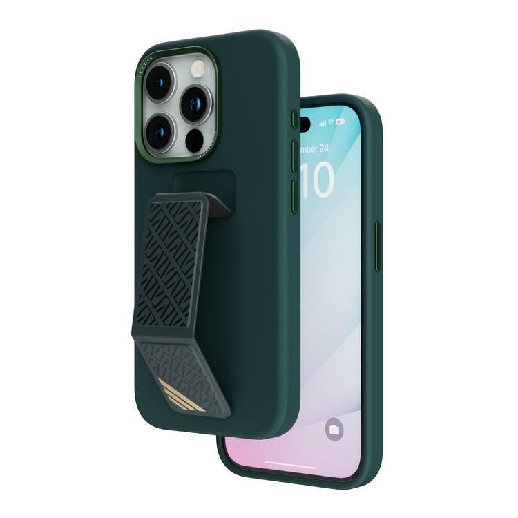 Levelo Morphix Silicone Case with Leather Grip for iPhone 15 Pro Max, Premium Leather Kickstand Grip,  Multi-Positioning Modes,  Shock-Proof Edges, 3H Anti Scratch, Built-In Grip, Magnetic Case - Green