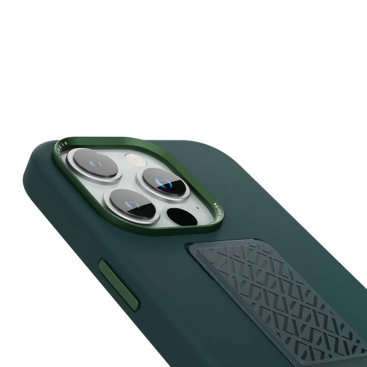 Levelo Morphix Silicone Case with Leather Grip for iPhone 15 Pro Max, Premium Leather Kickstand Grip,  Multi-Positioning Modes,  Shock-Proof Edges, 3H Anti Scratch, Built-In Grip, Magnetic Case - Green