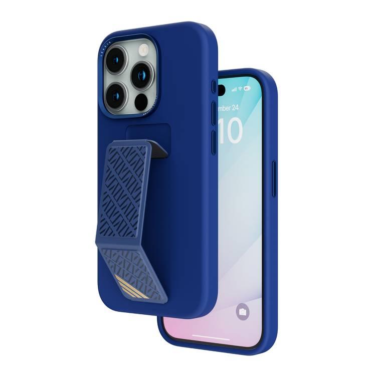 Levelo Morphix Silicone Case with Leather Grip for iPhone 15 Pro, Premium Leather Kickstand Grip, Multi-Positioning Modes, Shock-Proof Edges, 3H Anti Scratch, Built-In Grip, Magnetic Case - Deep Blue