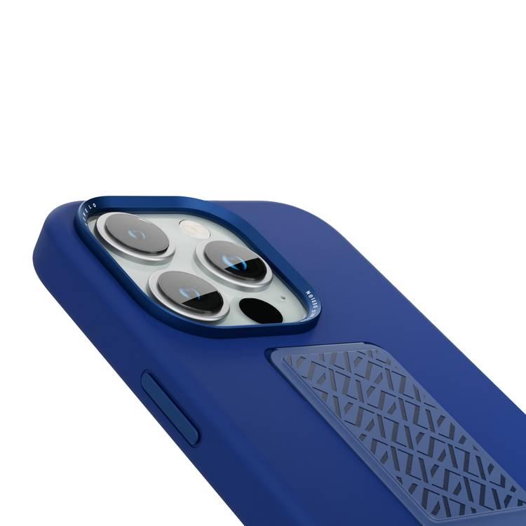 Levelo Morphix Silicone Case with Leather Grip for iPhone 15 Pro, Premium Leather Kickstand Grip, Multi-Positioning Modes, Shock-Proof Edges, 3H Anti Scratch, Built-In Grip, Magnetic Case - Deep Blue