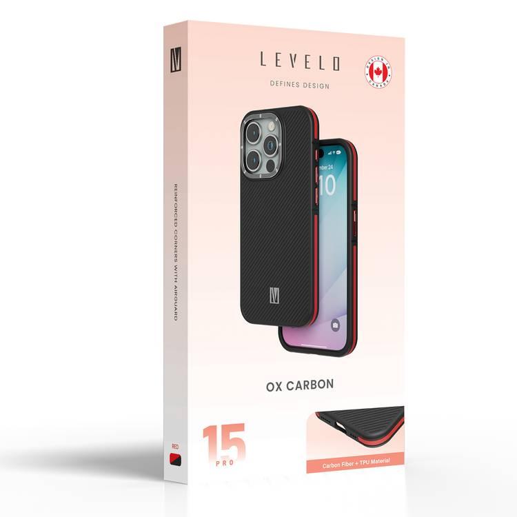 Levelo Ox Carbon Case for iPhone 15 Pro, Reinforced Corners with Airguard, MagSafe Compatible, Shock-Proof Edges, 3H Anti Scratch, Raised Bezel - Red