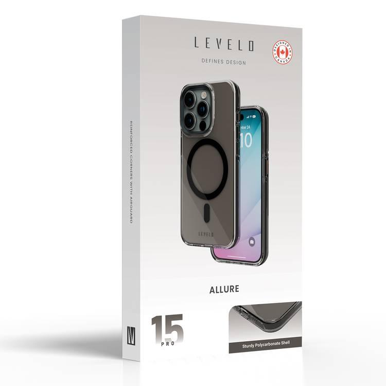 Levelo Allure PC Hard Case for iPhone 15 Pro, Reinforced Corners with Airguard, Shock-Proof Edges, High Transparency, 3H Anti Scratch, MagSafe Compatible, Polycarbonate Shell - Smoke Clear