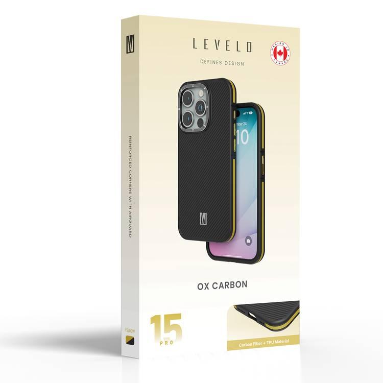 Levelo Ox Carbon Case for iPhone 15 Pro, Reinforced Corners with Airguard, MagSafe Compatible, Shock-Proof Edges, 3H Anti Scratch, Raised Bezel- Yellow