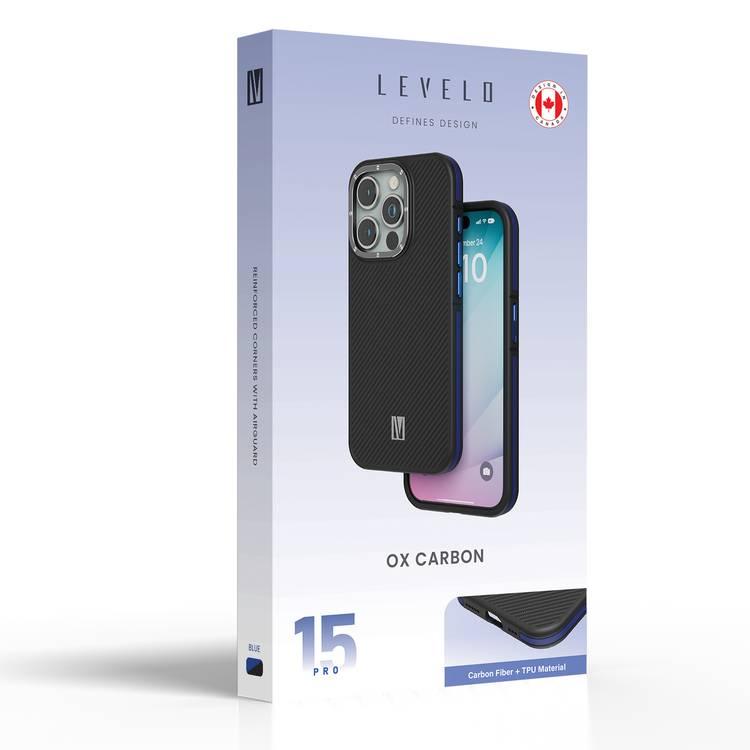 Levelo Ox Carbon Case for iPhone 15 Pro, Reinforced Corners with Airguard, MagSafe Compatible, Shock-Proof Edges, 3H Anti Scratch, Raised Bezel - Blue