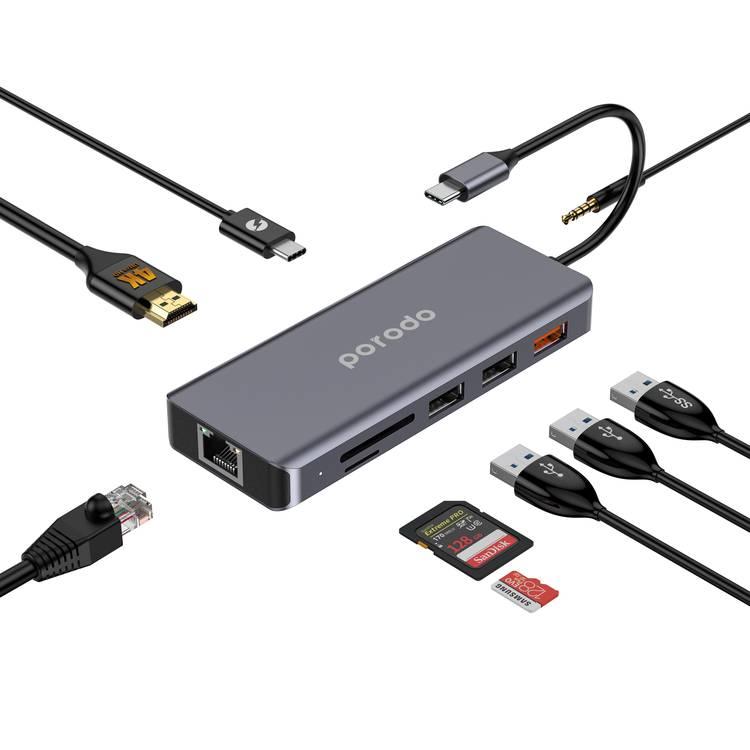 Porodo 9in1 USB-C Hub Type-C PD 100W HDMI إيثرنت USB بطاقة SD 3.5 مم Aux