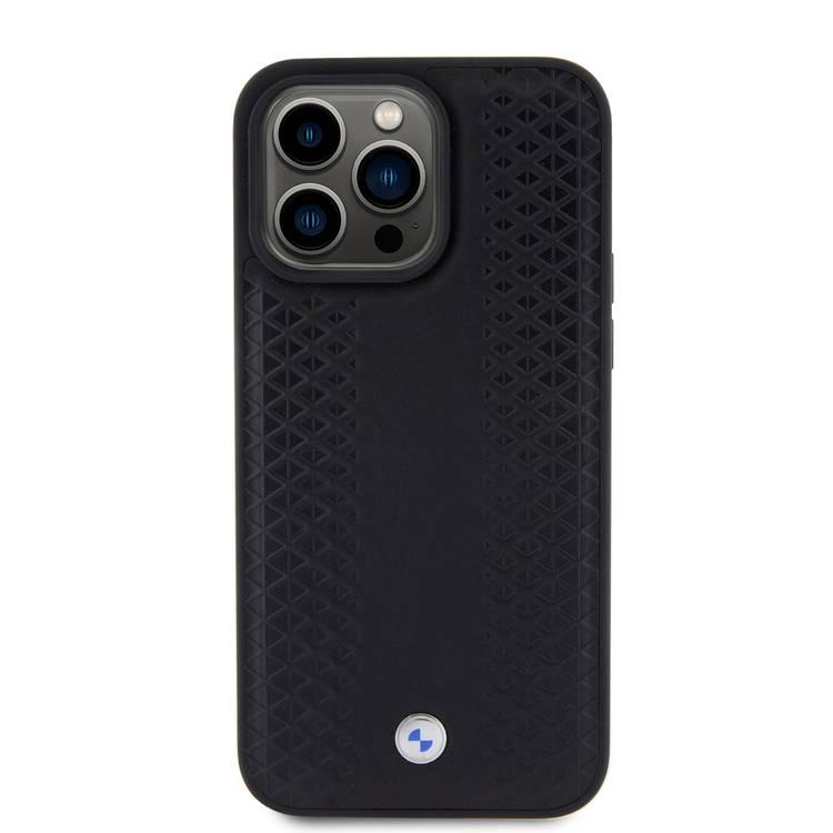 BMW Leather Case with Sign Diamond Pattern for iPhone 15 Pro Max - Black