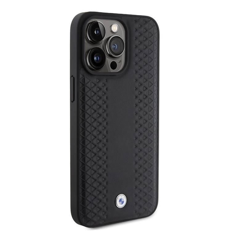 BMW Leather Case with Sign Diamond Pattern for iPhone 15 Promax - Black - أسود