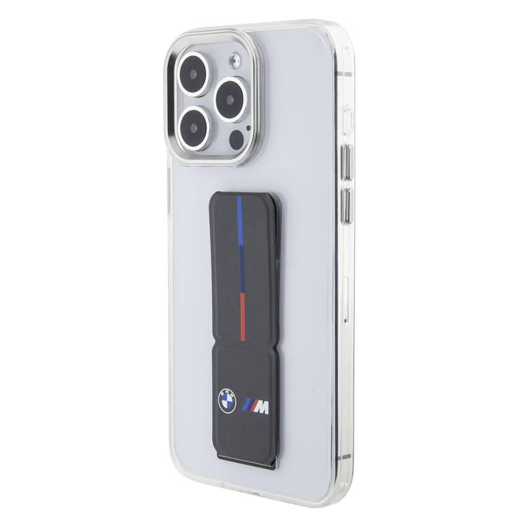 BMW M Grip Stand Clear Case with Leather Grip & Perforated Pattern for iPhone 15 Pro Max - Grey