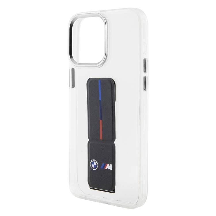 BMW M Grip Stand Clear Case with Leather Grip & Perforated Pattern for iPhone 15 Pro Max - Grey