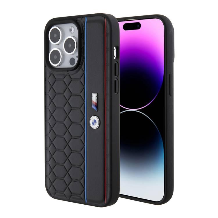 BMW M PU Leather Case with Hexo Pattern & Stripe for iPhone 15 Pro Max