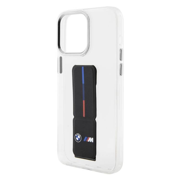 حافظة BMW M Grip Stand الشفافة مع قبضة جلدية ونمط مثقوب لهاتف iPhone 15 Pro Max - أسود