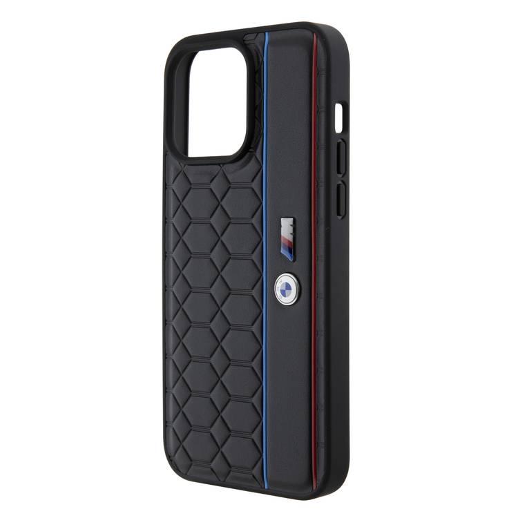 BMW M PU Leather Case with Hexo Pattern & Stripe for iPhone 15 Pro