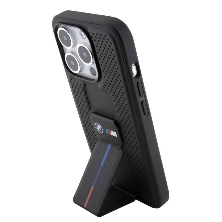 BMW M Grip Stand PU Smooth Leather Case with Perforated Pattern for iPhone 15 Pro Max