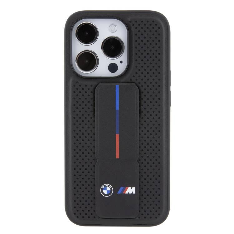 BMW M Grip Stand PU Smooth Leather Case with Perforated Pattern for iPhone 15 Pro Max