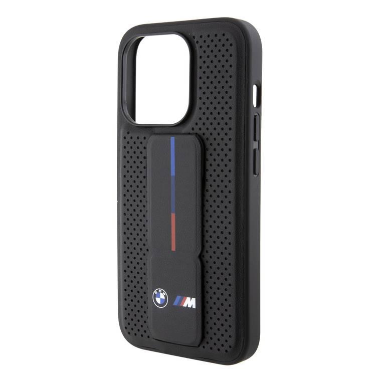 BMW M Grip Stand PU Smooth Leather Case with Perforated Pattern for iPhone 15 Pro Max