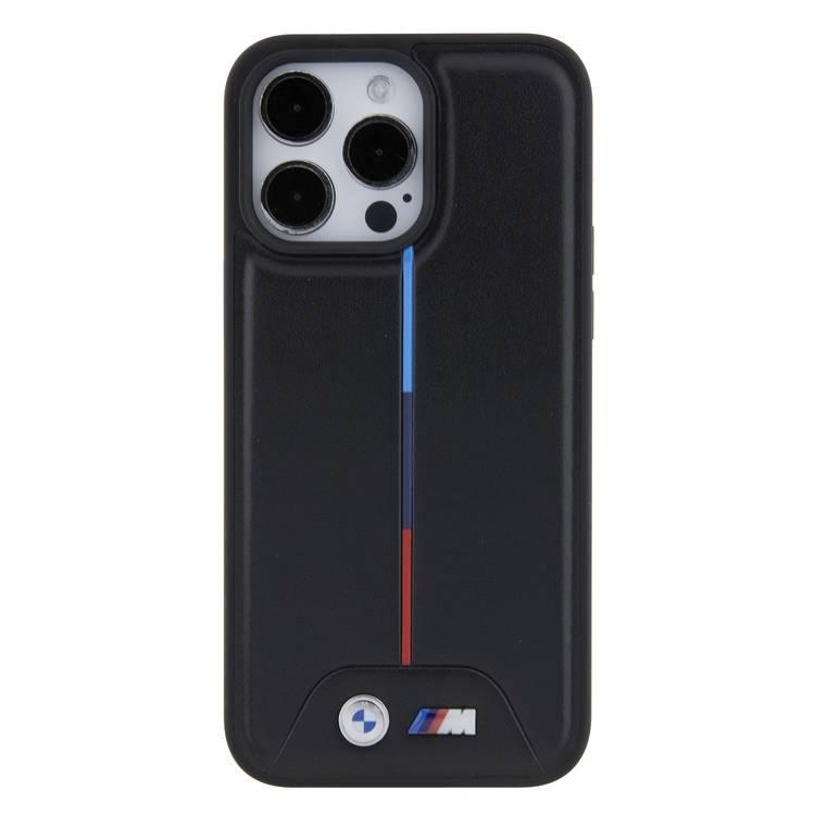 BMW M PU Leather Case with Quilted Tricolor Pattern for iPhone 15 Pro Max - Black