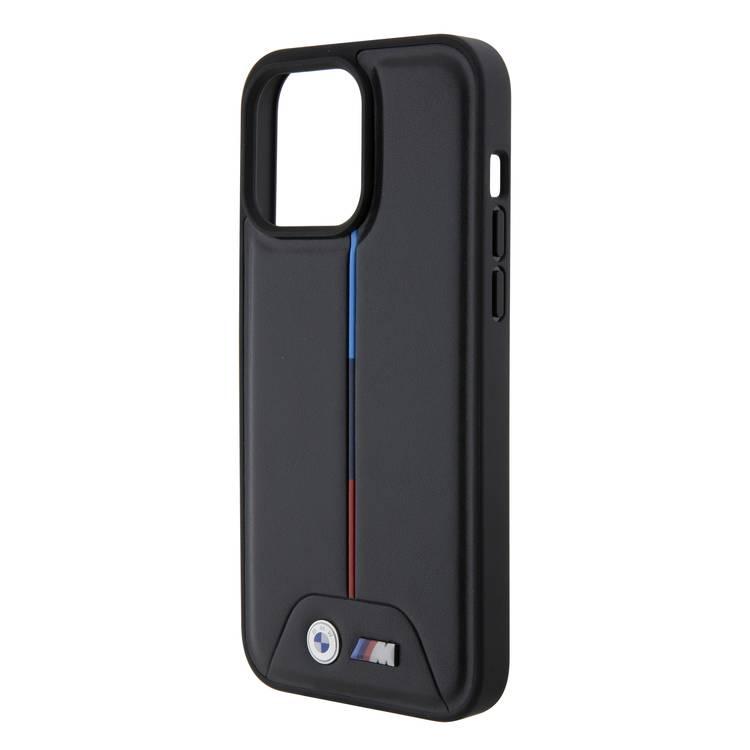 BMW M PU Leather Case with Quilted Tricolor Pattern for iPhone 15 Pro Max - Black