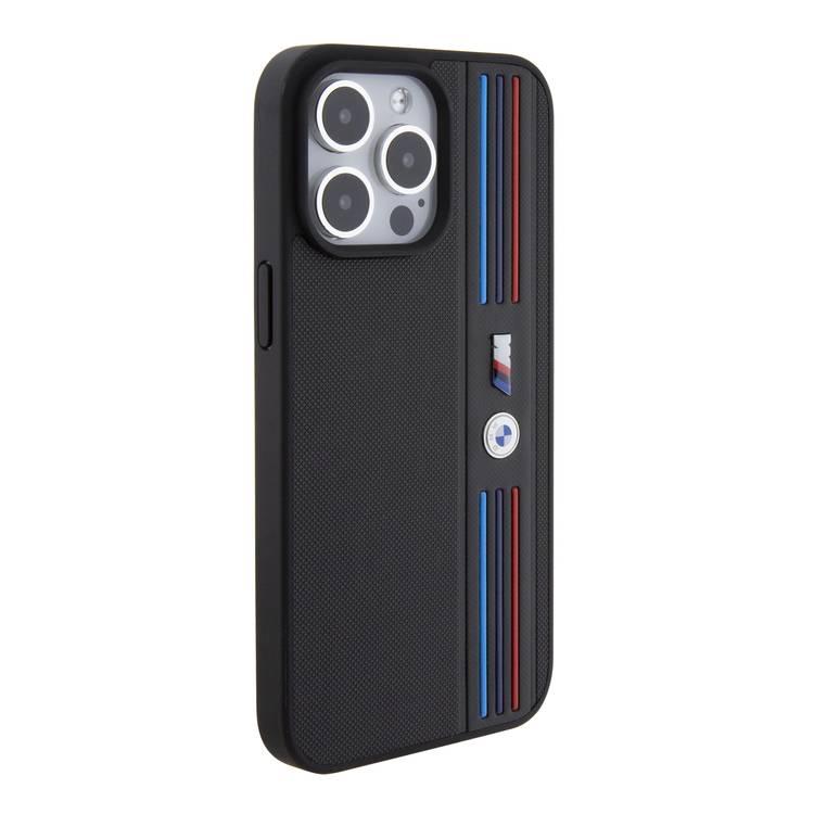 BMW M PU Leather Case with Mesh Tricolor Pattern for iPhone 15 Pro