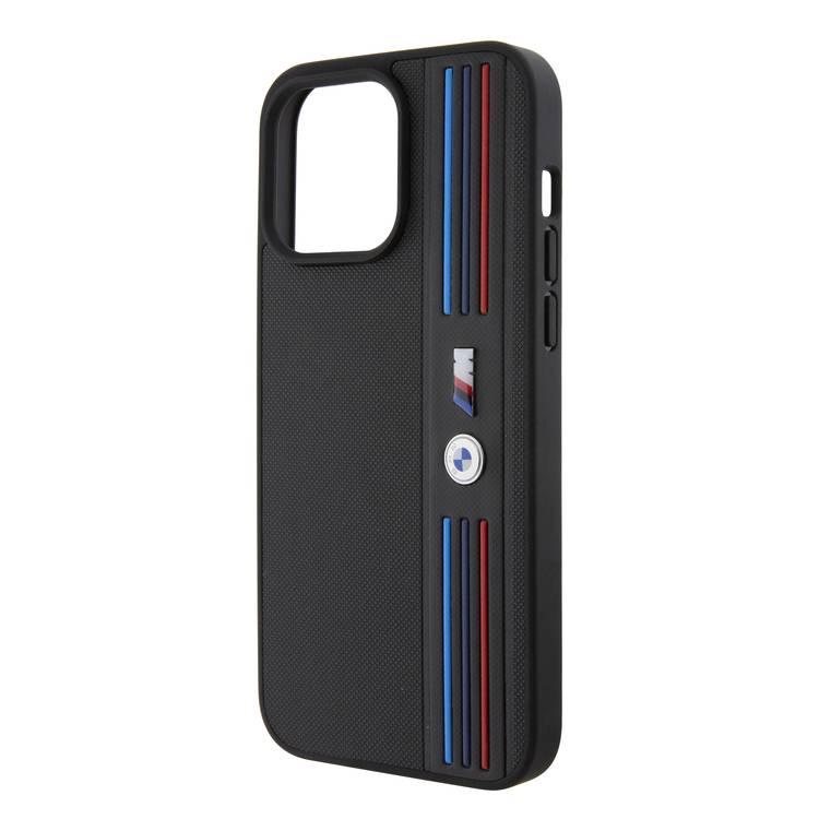 BMW M PU Leather Case with Mesh Tricolor Pattern for iPhone 15 Pro Max