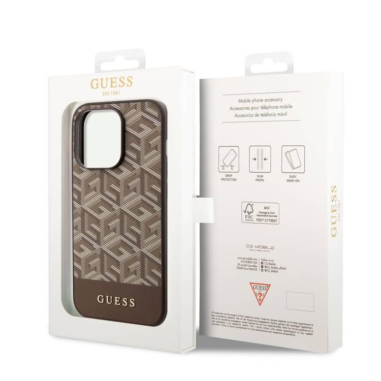 Guess Magsafe Leather Case with Gcube Stripe Pattern - Brown - iPhone 15 Pro Max