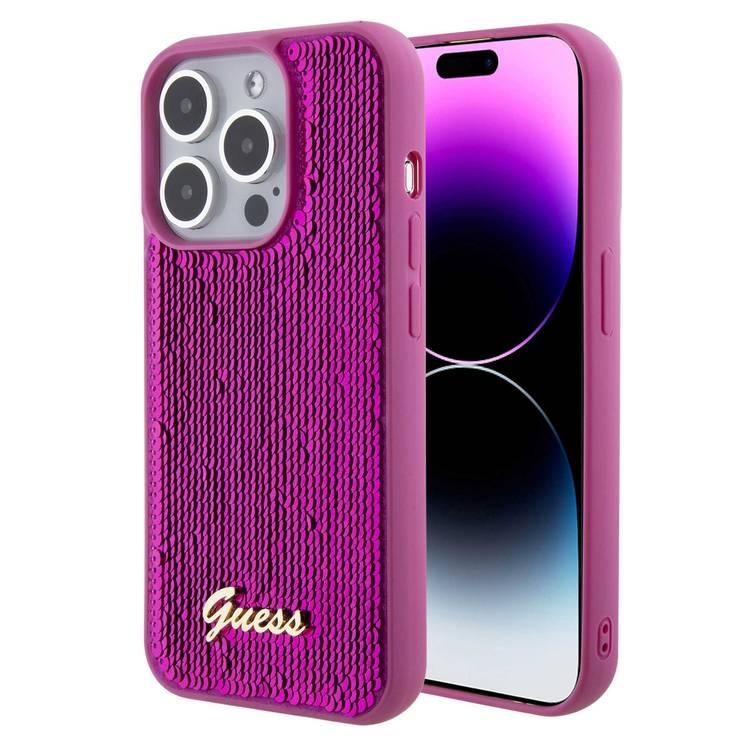 Guess Sequin Script Case with Guess Metal Logo - Fuchsia - iPhone 15 Pro Max