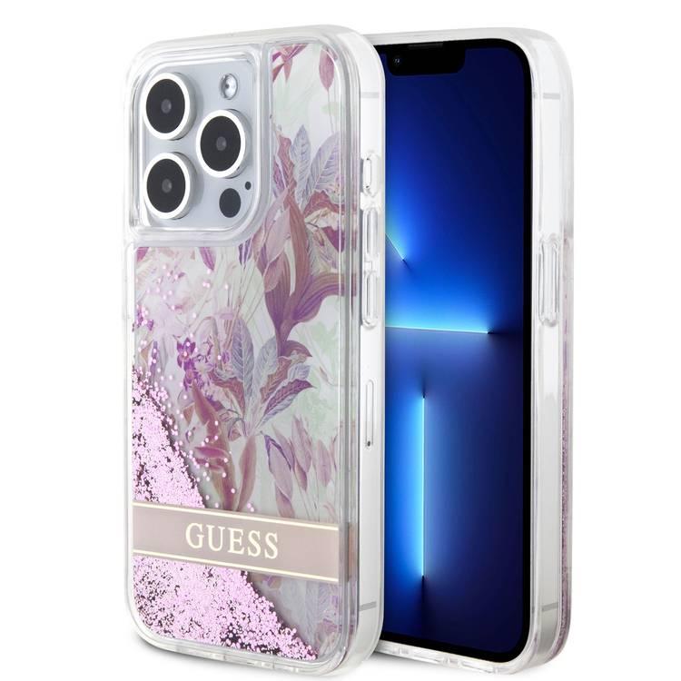 Guess HC Liquid Glitter Case with Flower Pattern  - Pink - iPhone 15 Pro Max