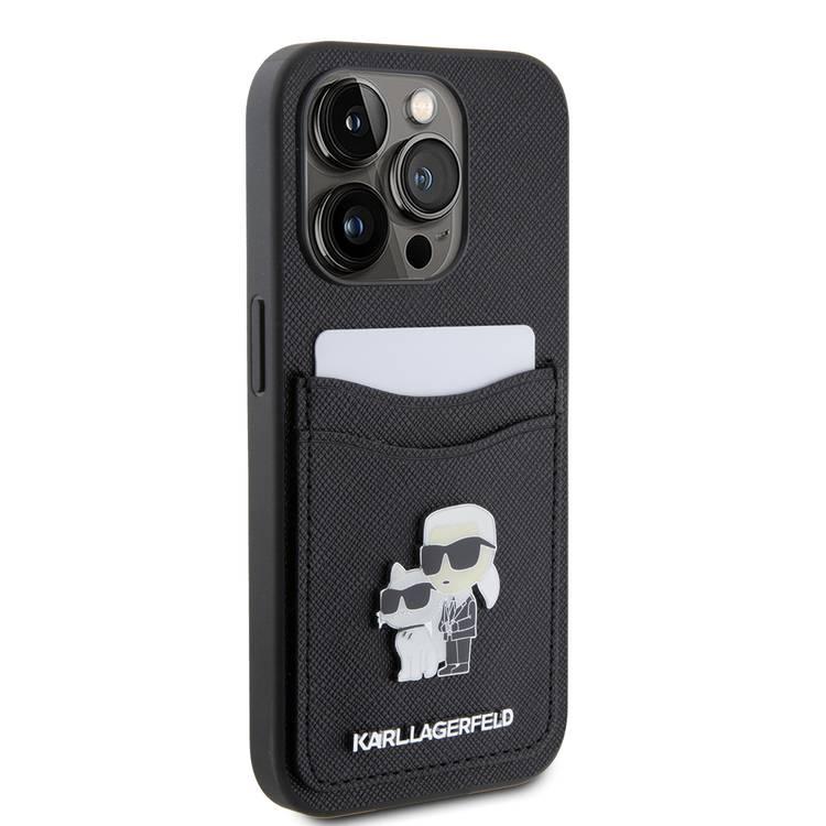 Karl Lagerfeld Saffiano Case with Cardslots and Karl Legerfeld Choupette Heads Metal Pin - Black - iPhone 15 Pro