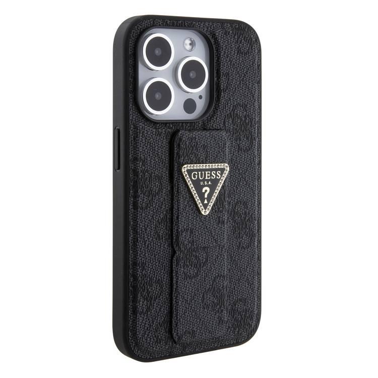 Guess Gripstand PU Leather Case with 4G Triangle Strass Pattern - Black - iPhone 15 Pro Max