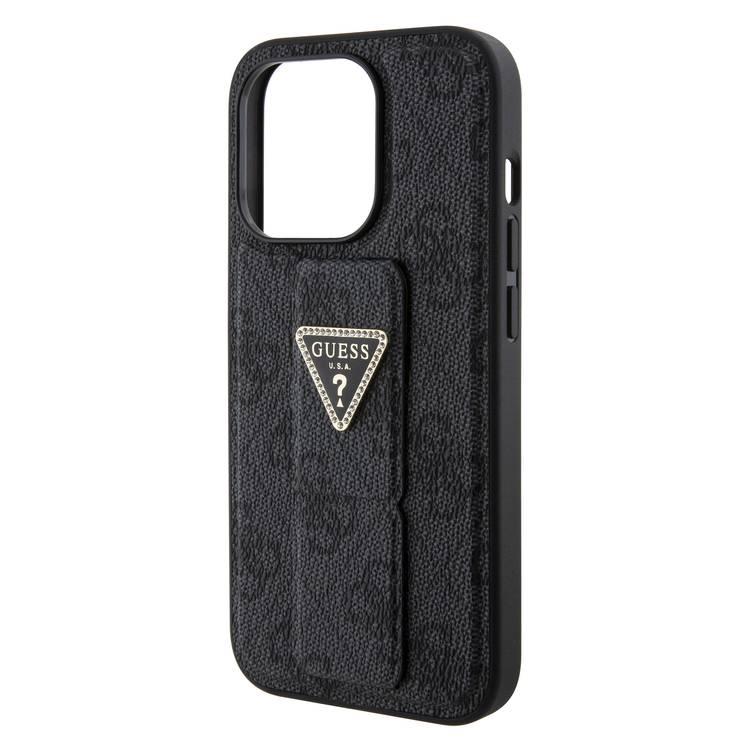 Guess Gripstand PU Leather Case with 4G Triangle Strass Pattern - Black - iPhone 15 Pro Max