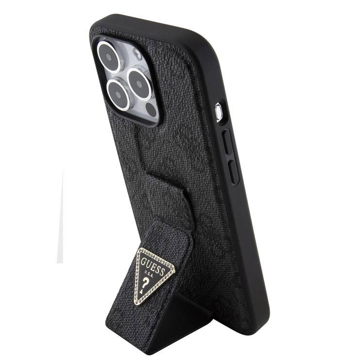 Guess Gripstand PU Leather Case with 4G Triangle Strass Pattern - Black - iPhone 15 Pro Max