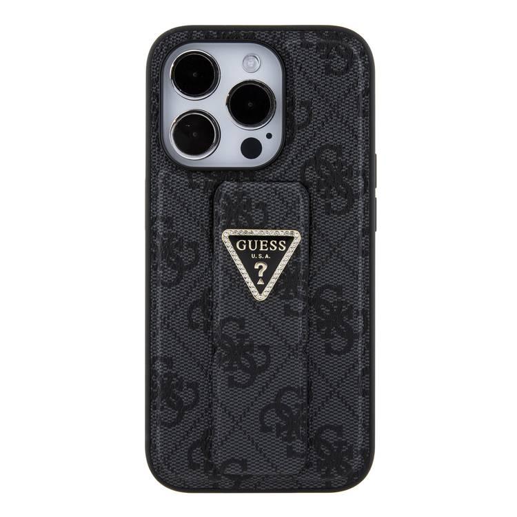 Guess Gripstand PU Leather Case with 4G Triangle Strass Pattern - Black - iPhone 15 Pro Max