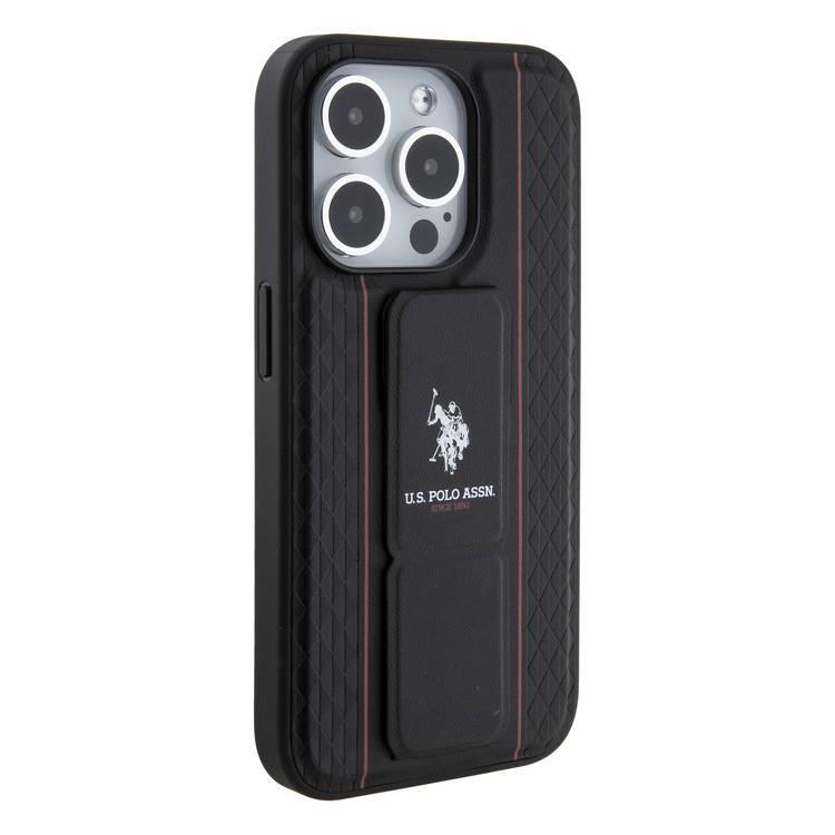 U.S.Polo Assn. PU Leather Textured Pattern Grip Stand Case for iPhone 15 Series - Black - iPhone 15 Pro Max