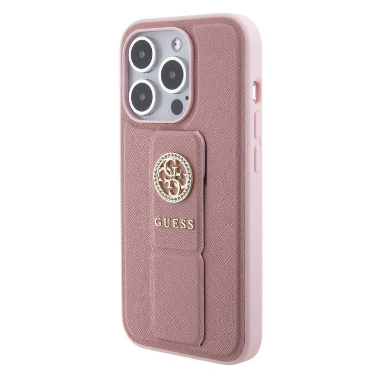 Guess Gripstand Saffiano Case with 4G Strass Metal Logo - Pink - iPhone 15 Pro Max