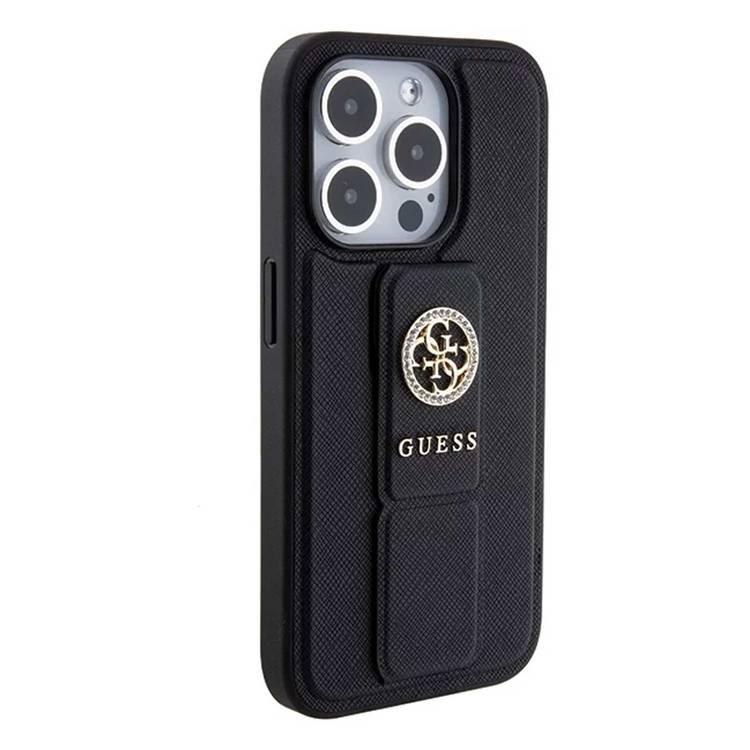Guess Gripstand Saffiano Case with 4G Strass Metal Logo - Black - iPhone 15 Pro