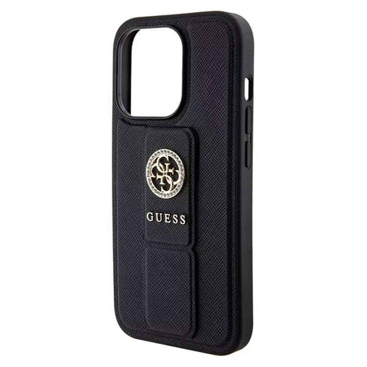 Guess Gripstand Saffiano Case with 4G Strass Metal Logo - Black - iPhone 15 Pro