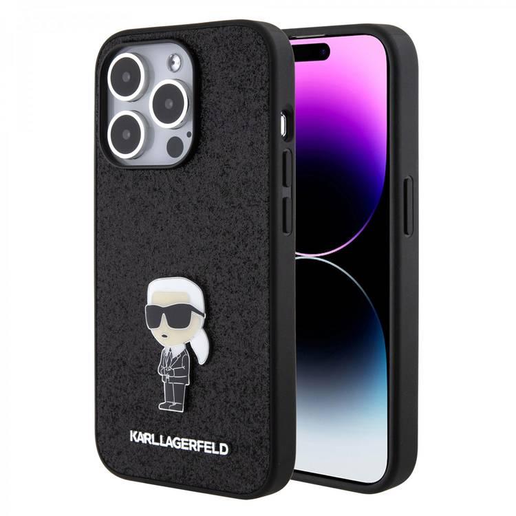 Karl Lagerfeld Fixed Glitter Case with Ikonik Logo Metal Pin - Black - iPhone 15 Pro