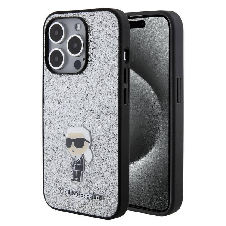 Karl Lagerfeld Fixed Glitter Case with Ikonik Logo Metal Pin - Silver - iPhone 15 Pro Max