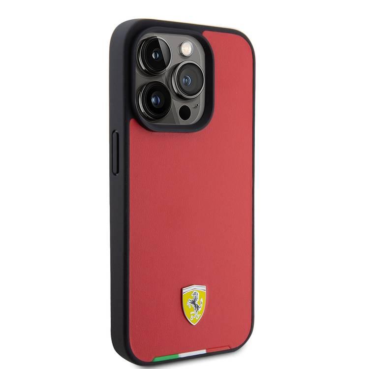 Ferrari iPhone 15 Pro For PU Leather Case with Italy Flag Line - Red