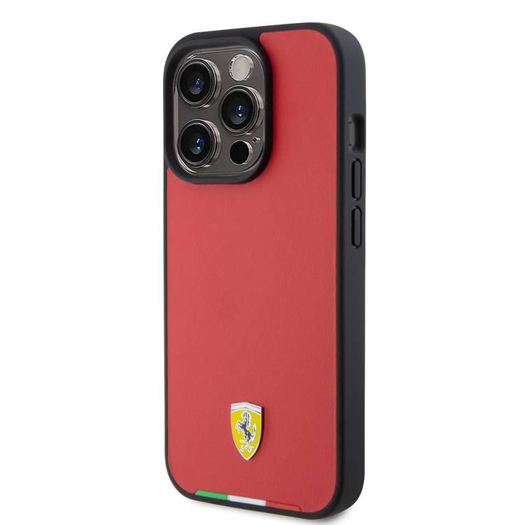 Ferrari iPhone 15 Pro For PU Leather Case with Italy Flag Line - Red