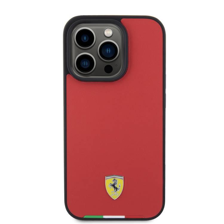 Ferrari iPhone 15 Pro For PU Leather Case with Italy Flag Line - Red